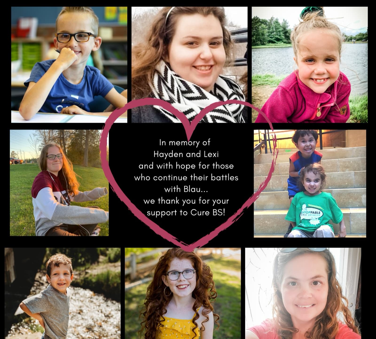 A grid of photos of children and adults with Blau syndrome, with the words In memory of Hayden and Lexi