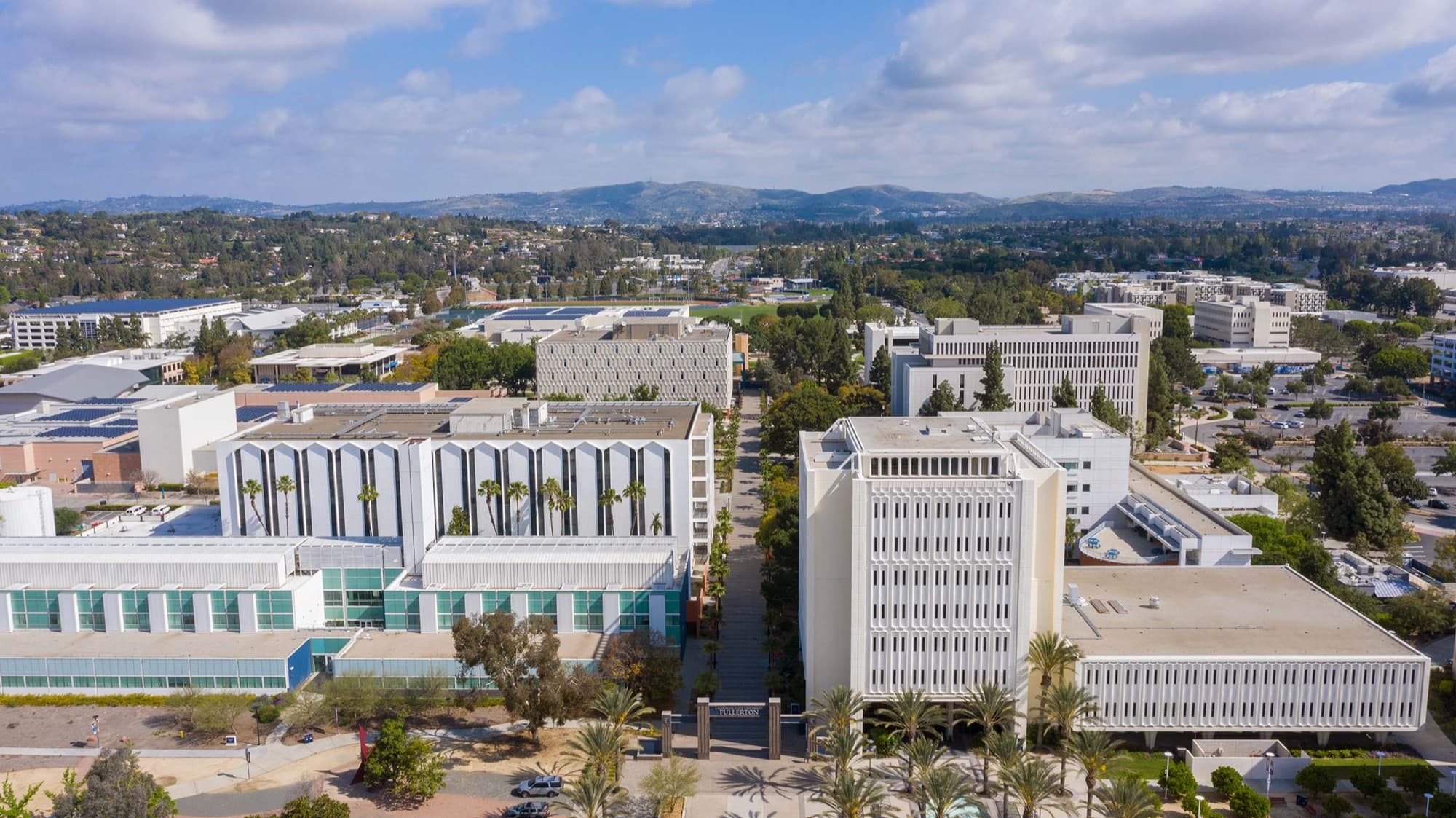 Aerial view of the California State University, Fullerton campus