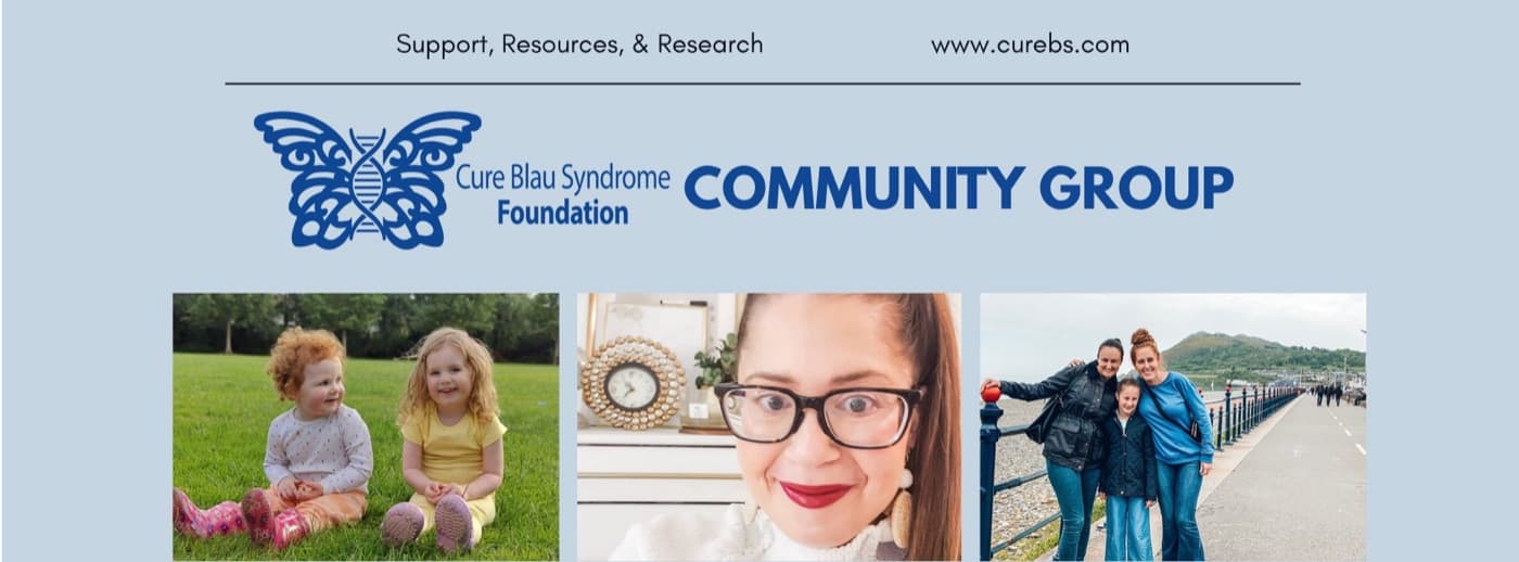 Cure Blau Syndrome Foundation Community Group banner with photos of members: two toddlers on grass, a smiling young woman in glasses, and a family on a seaside pier