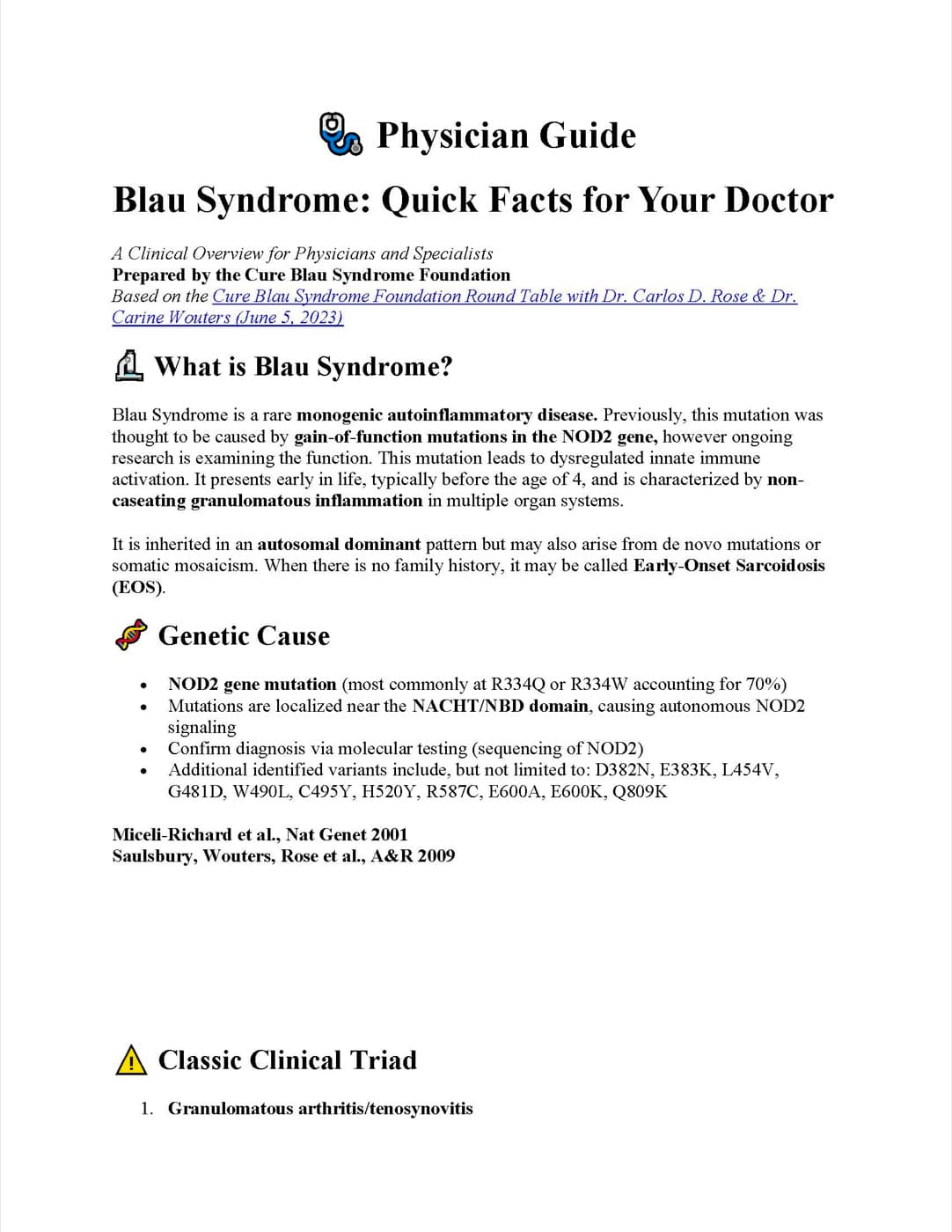 First page of the physician guide, titled Blau Syndrome: Quick Facts for Your Doctor