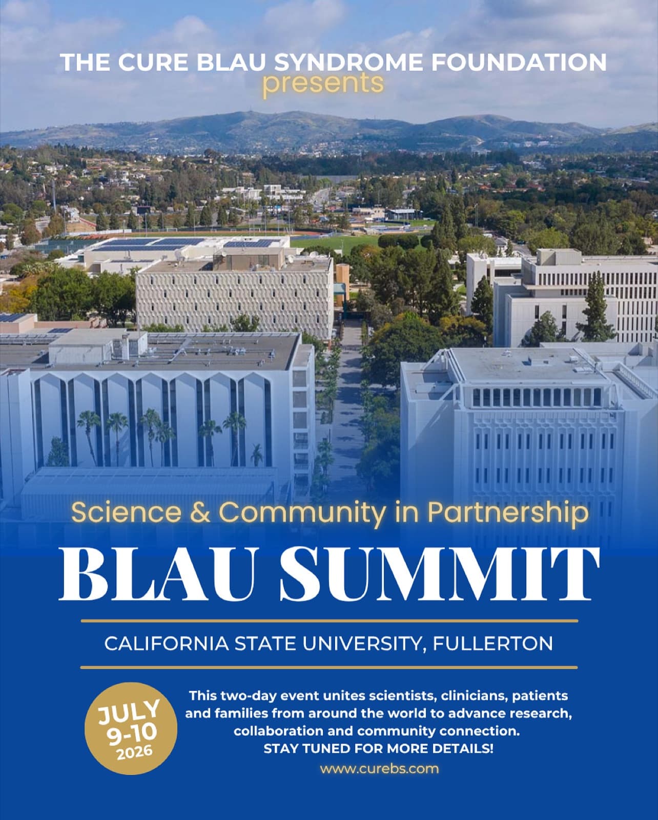 Poster for the Blau Syndrome International Summit 2026 at California State University, Fullerton